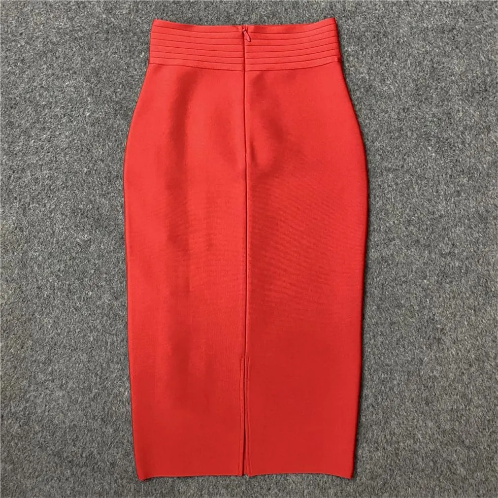 Sorrica Women's Elastic Waist Stretch Midi Pencil Skirt Bodycon Button Decor Skirts with Back Slit