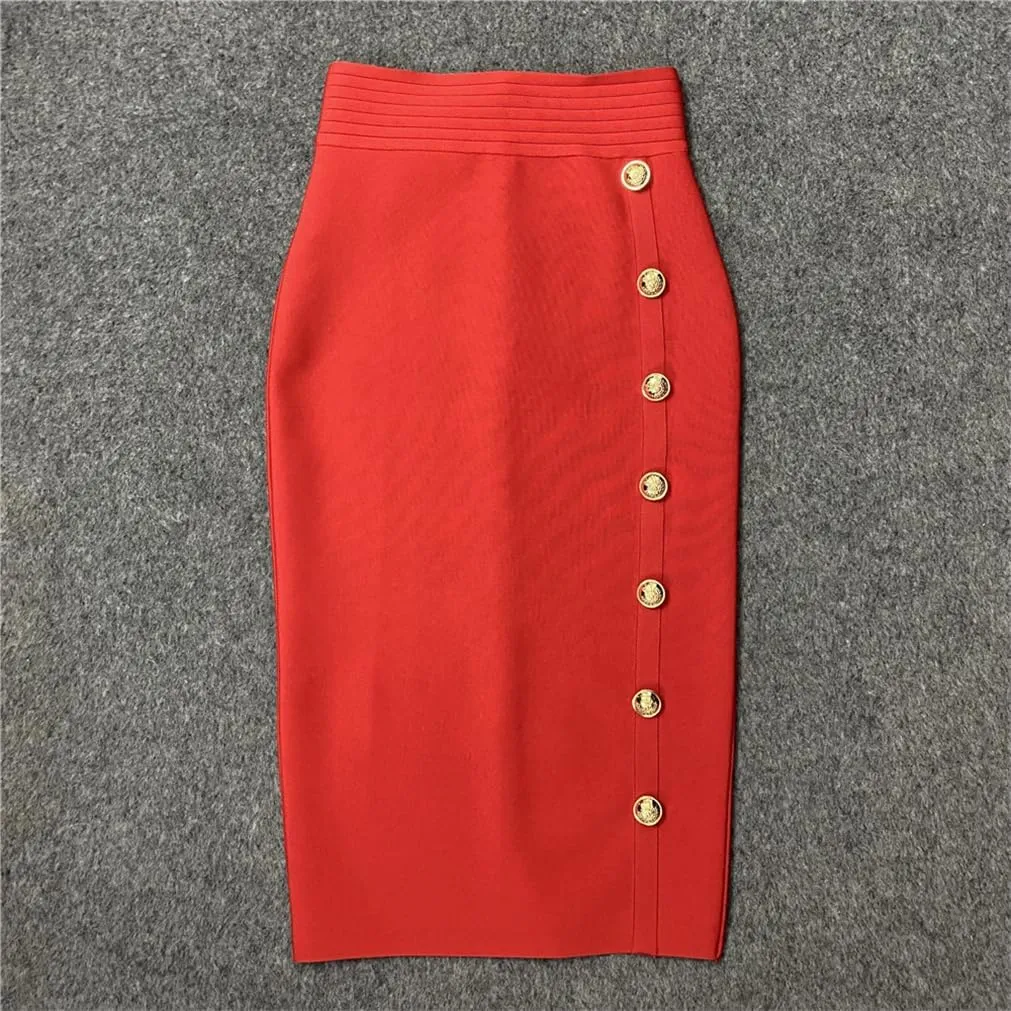 Sorrica Women's Elastic Waist Stretch Midi Pencil Skirt Bodycon Button Decor Skirts with Back Slit