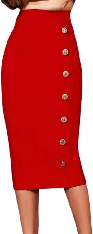 Sorrica Women's Elastic Waist Stretch Midi Pencil Skirt Bodycon Button Decor Skirts with Back Slit