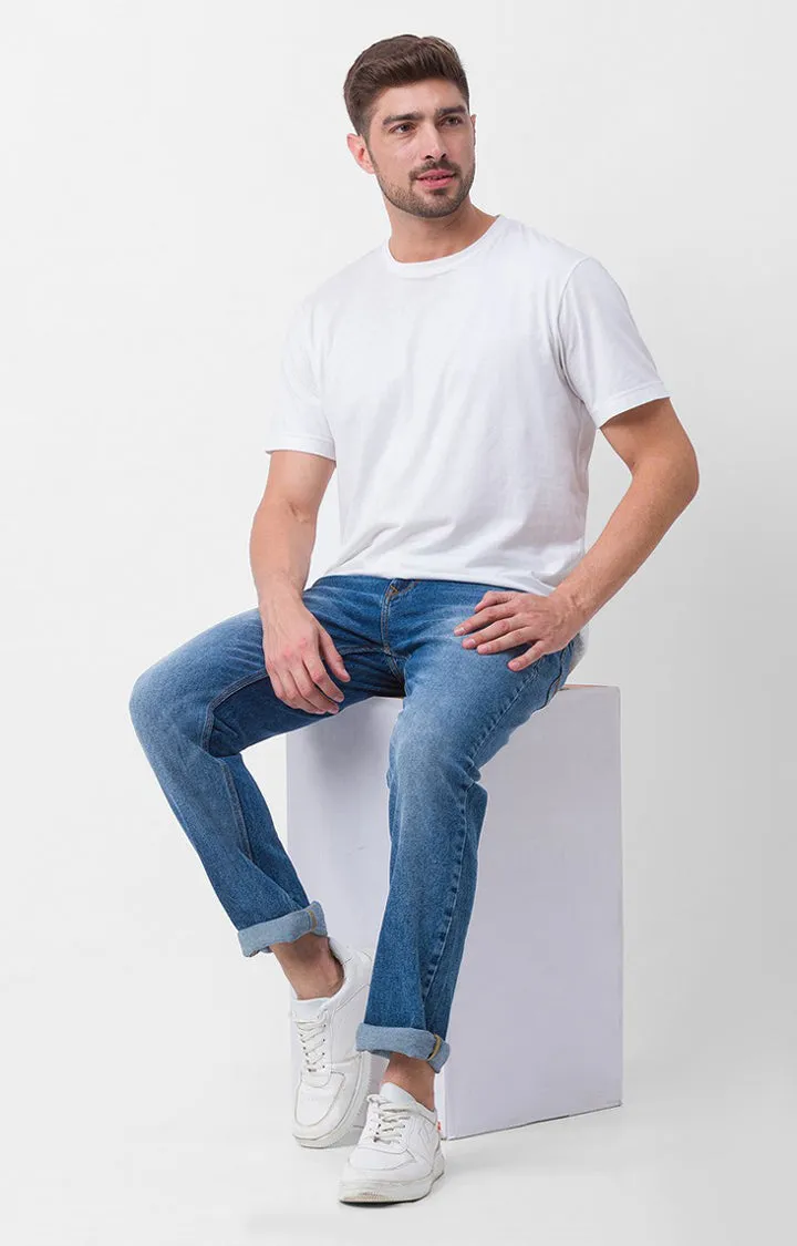 Spykar Mid Blue Cotton Comfort Fit Straight Length Jeans For Men (Ricardo)