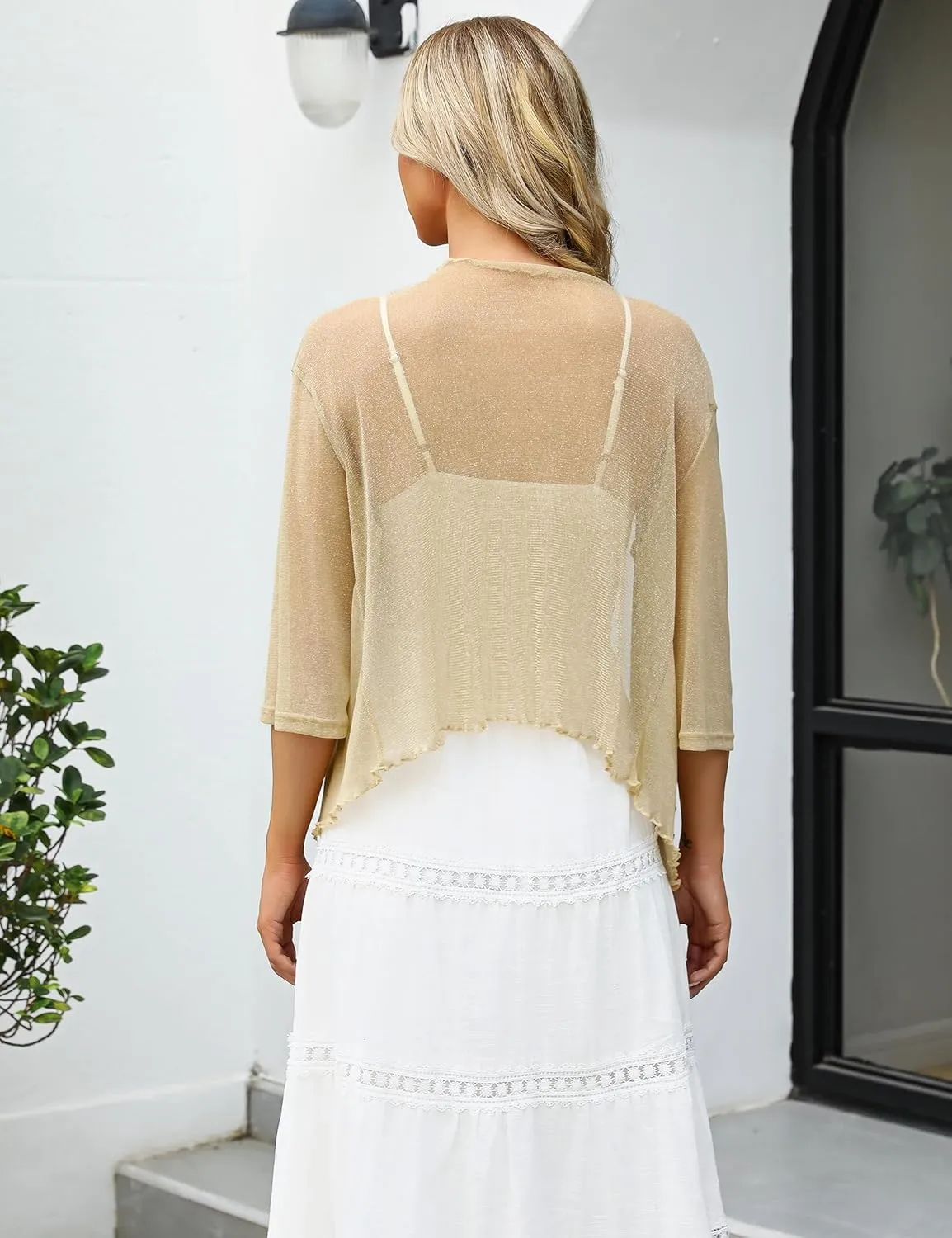Totatuit Womens Shiny Sheer 3/4 Sleeve Shrug Tie Bolero Top Open Front Mesh Cardigan Lightweight