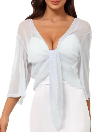Totatuit Womens Shiny Sheer 3/4 Sleeve Shrug Tie Bolero Top Open Front Mesh Cardigan Lightweight