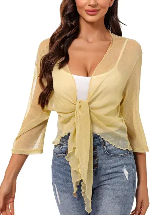 Totatuit Womens Shiny Sheer 3/4 Sleeve Shrug Tie Bolero Top Open Front Mesh Cardigan Lightweight
