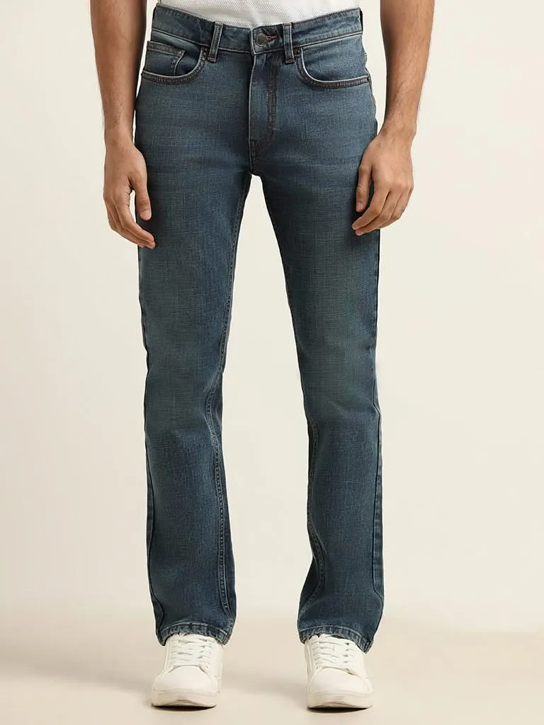 WES Casuals Blue Washed Straight-Fit Mid Rise Jeans
