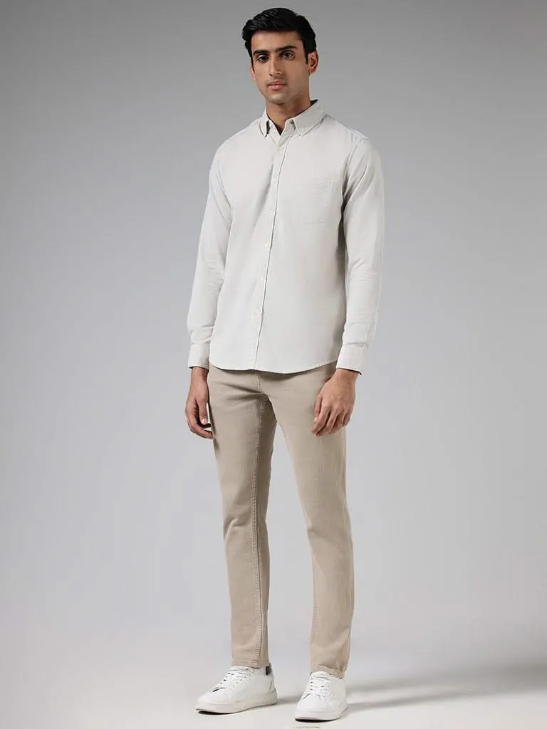 WES Casuals Solid Cream Cotton Slim-Fit Shirt