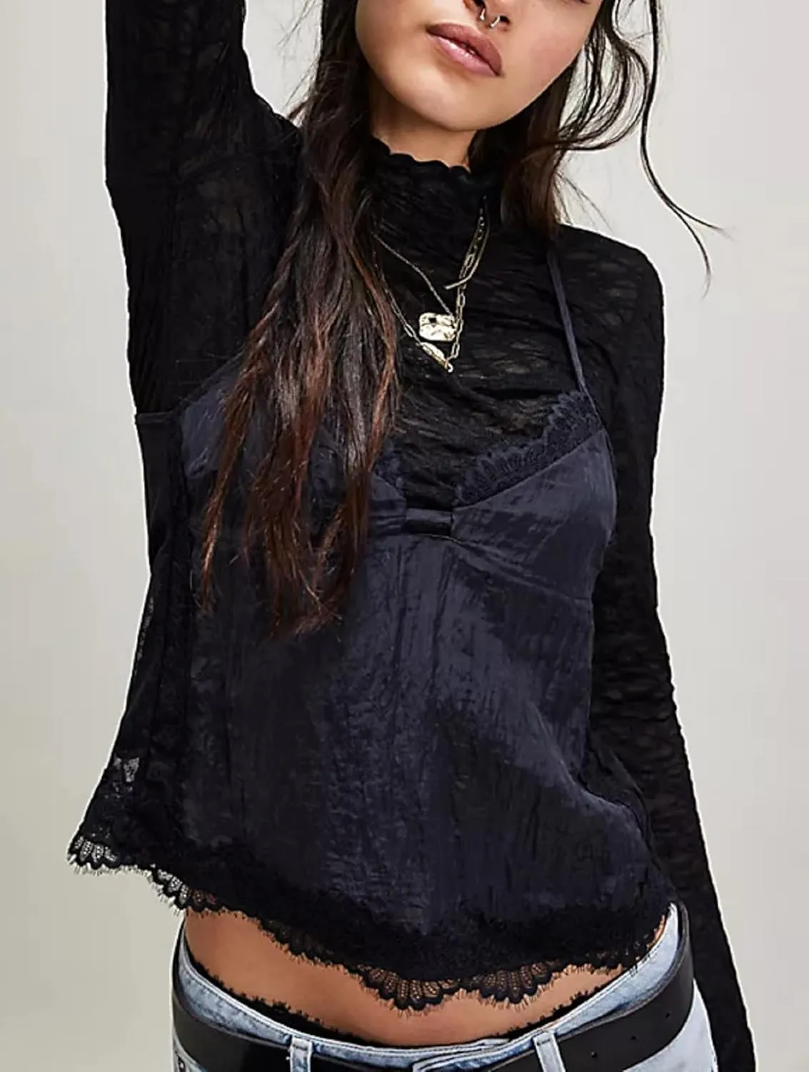 Women Sexy Ruffle Hem V Neck Cami Sleeveless Low Cut Lace Patchwork Camisole Spaghetti Strap Sheer Mesh Pleated Top