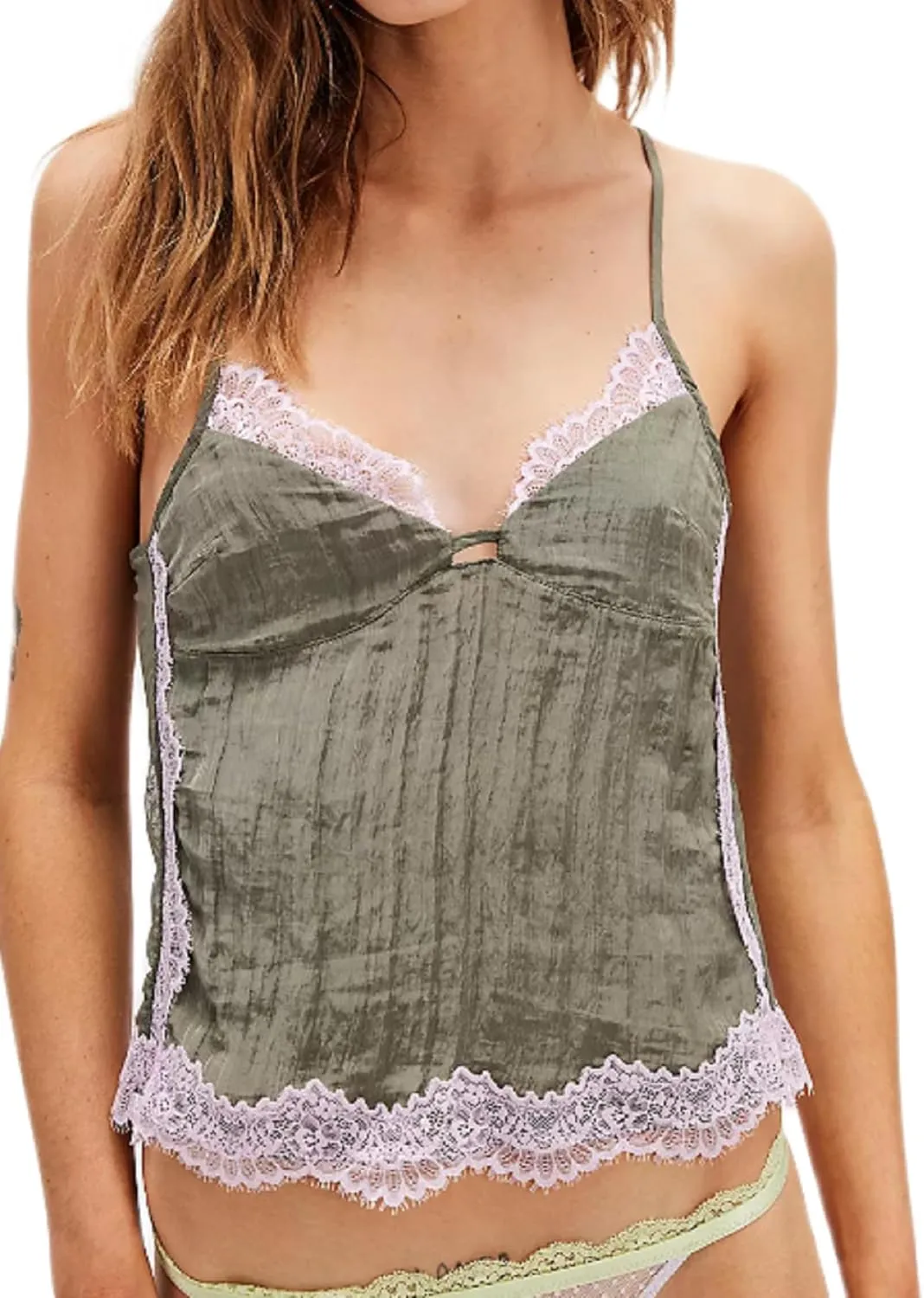 Women Sexy Ruffle Hem V Neck Cami Sleeveless Low Cut Lace Patchwork Camisole Spaghetti Strap Sheer Mesh Pleated Top