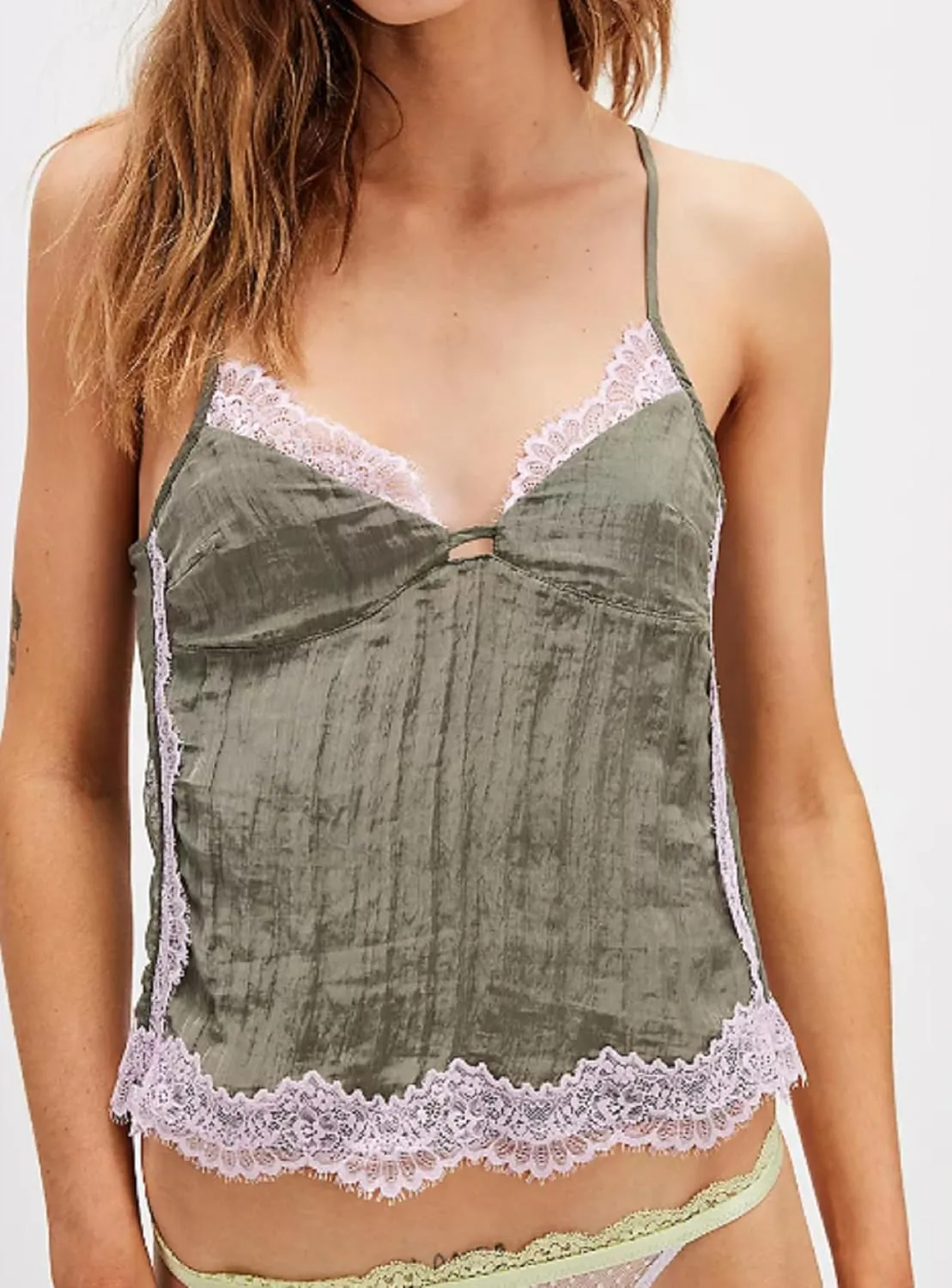 Women Sexy Ruffle Hem V Neck Cami Sleeveless Low Cut Lace Patchwork Camisole Spaghetti Strap Sheer Mesh Pleated Top