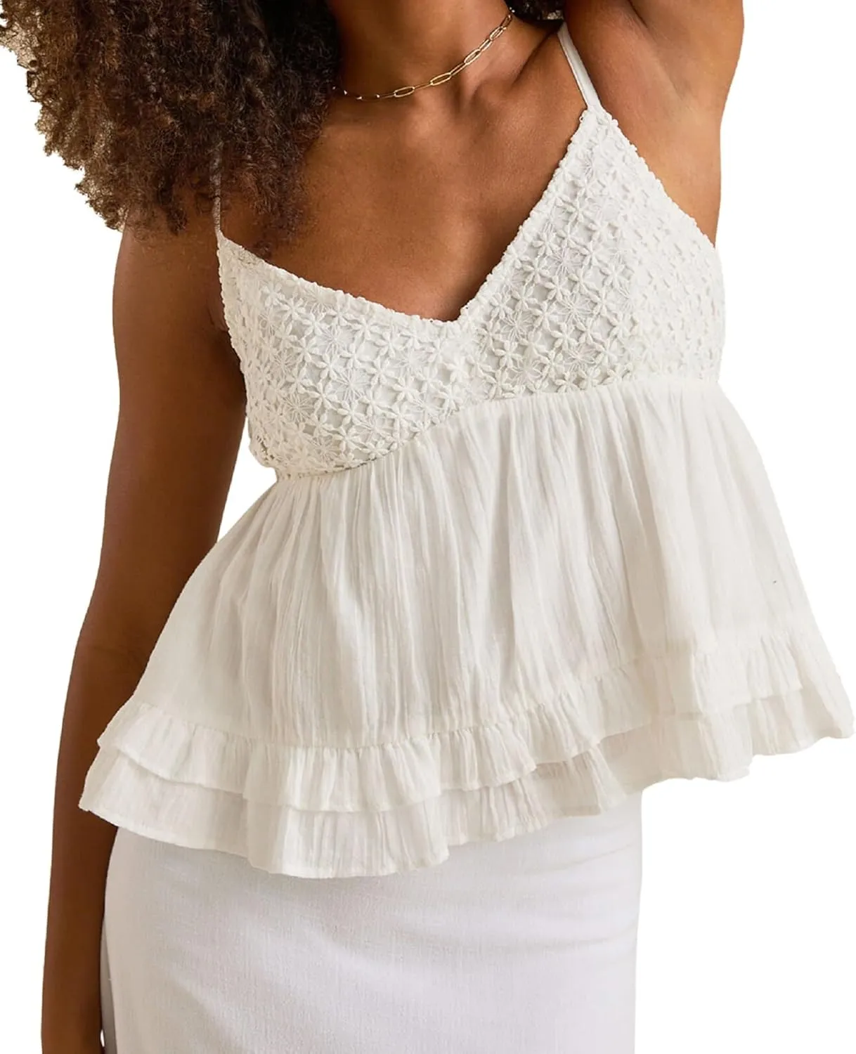 Women Sexy Ruffle Hem V Neck Cami Sleeveless Low Cut Lace Patchwork Camisole Spaghetti Strap Sheer Mesh Pleated Top