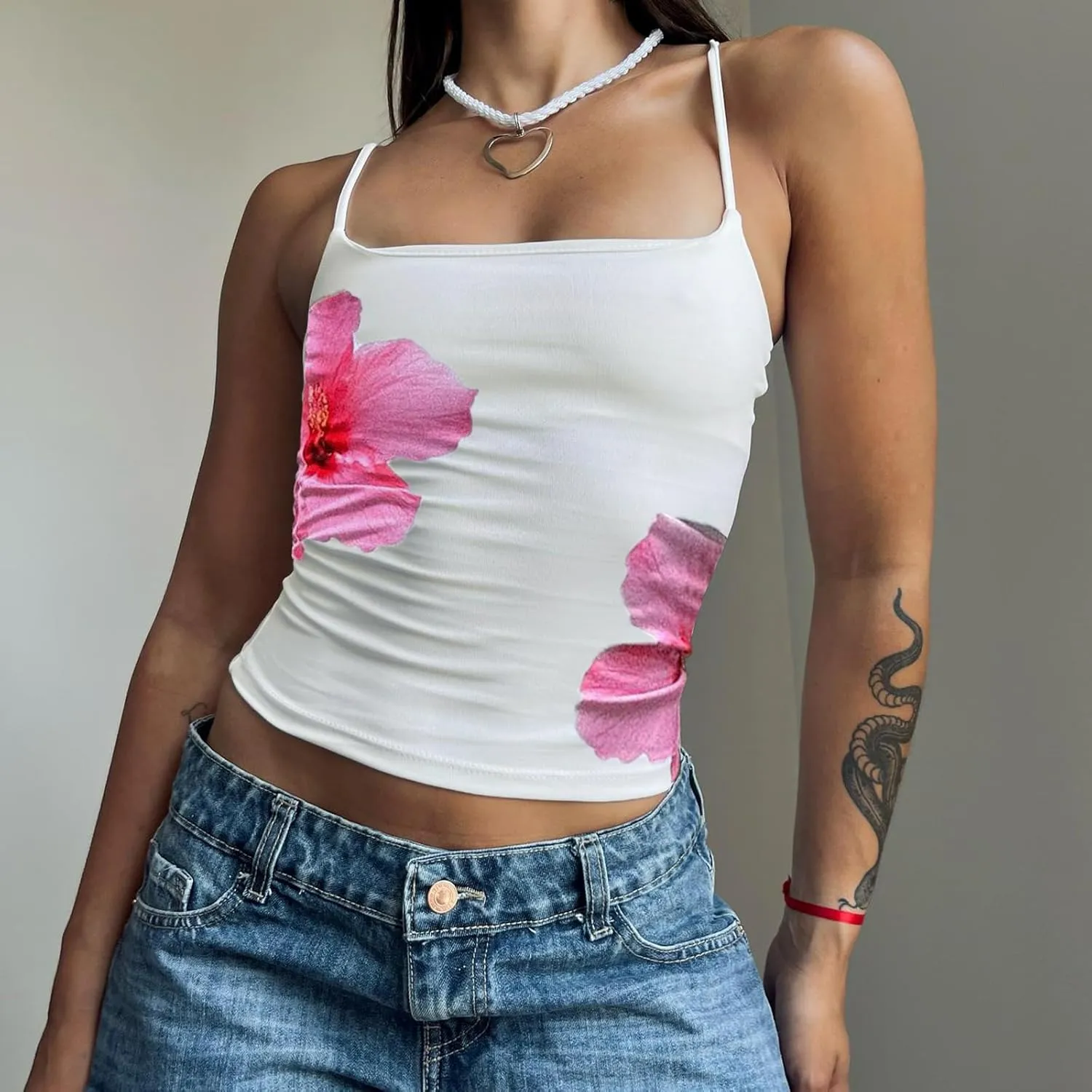 Women Y2k Spaghetti Strap Cami Tops Sleeveless Scoop Neck Floral Camisoles Teen Girls Aesthetic Crop Tank Top