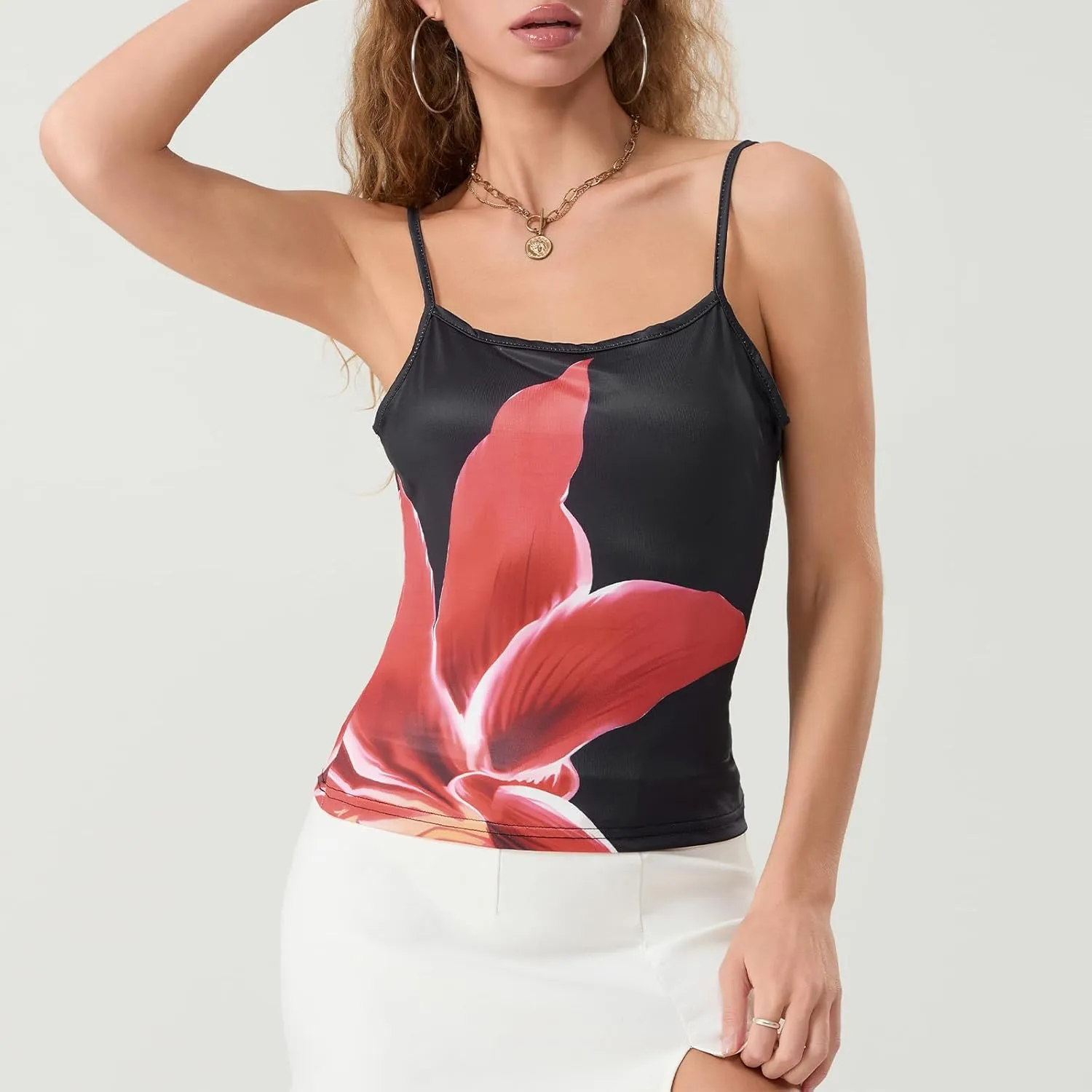 Women Y2k Spaghetti Strap Cami Tops Sleeveless Scoop Neck Floral Camisoles Teen Girls Aesthetic Crop Tank Top