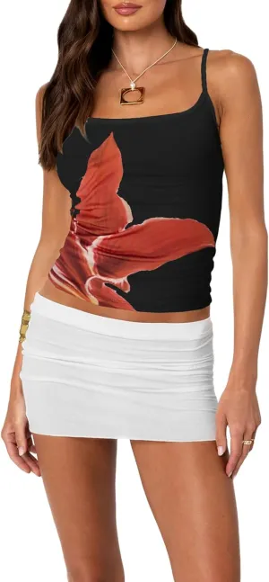 Women Y2k Spaghetti Strap Cami Tops Sleeveless Scoop Neck Floral Camisoles Teen Girls Aesthetic Crop Tank Top
