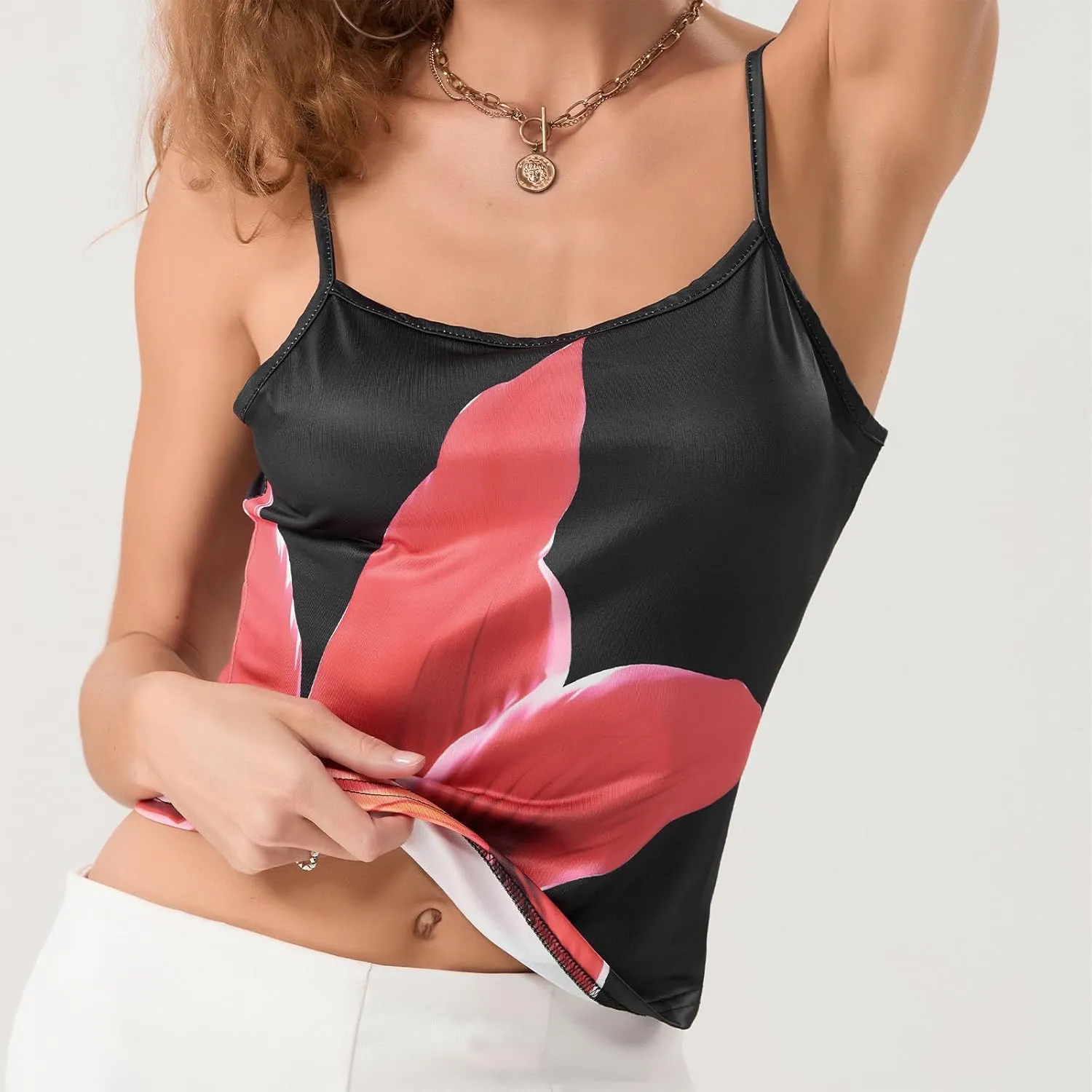 Women Y2k Spaghetti Strap Cami Tops Sleeveless Scoop Neck Floral Camisoles Teen Girls Aesthetic Crop Tank Top