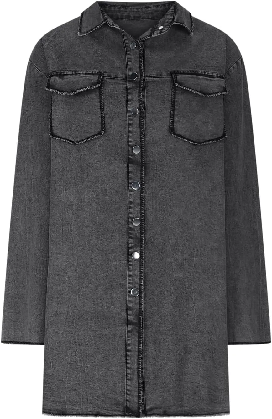 Womens Classic Long Jean Jacket Plus Size Denim Overcoat Button down Long Sleeve Boyfriend Trench Coat Vintage Washed