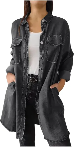 Womens Classic Long Jean Jacket Plus Size Denim Overcoat Button down Long Sleeve Boyfriend Trench Coat Vintage Washed