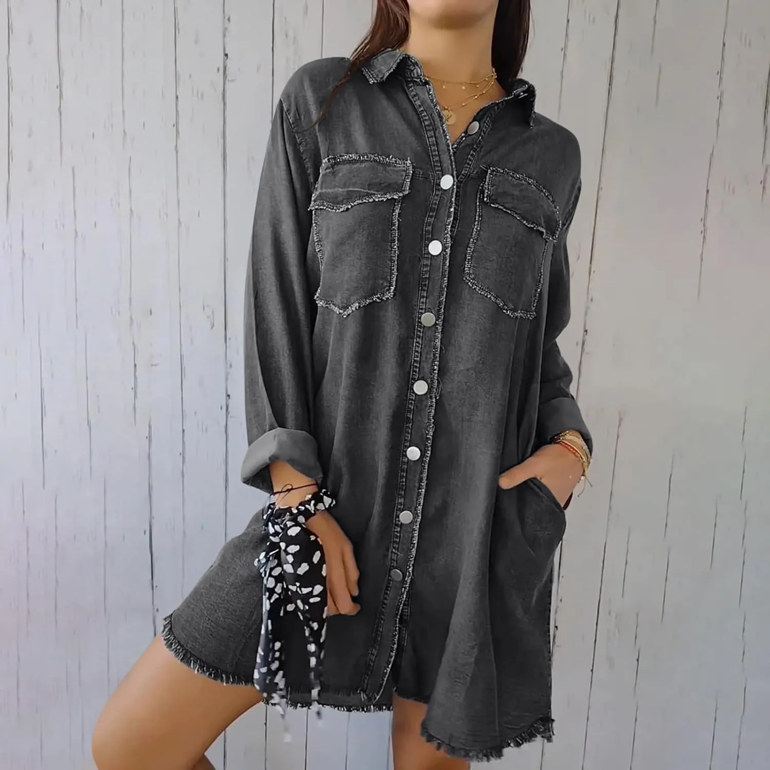 Womens Classic Long Jean Jacket Plus Size Denim Overcoat Button down Long Sleeve Boyfriend Trench Coat Vintage Washed