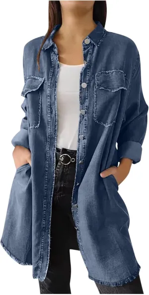 Womens Classic Long Jean Jacket Plus Size Denim Overcoat Button down Long Sleeve Boyfriend Trench Coat Vintage Washed
