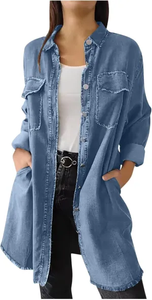 Womens Classic Long Jean Jacket Plus Size Denim Overcoat Button down Long Sleeve Boyfriend Trench Coat Vintage Washed