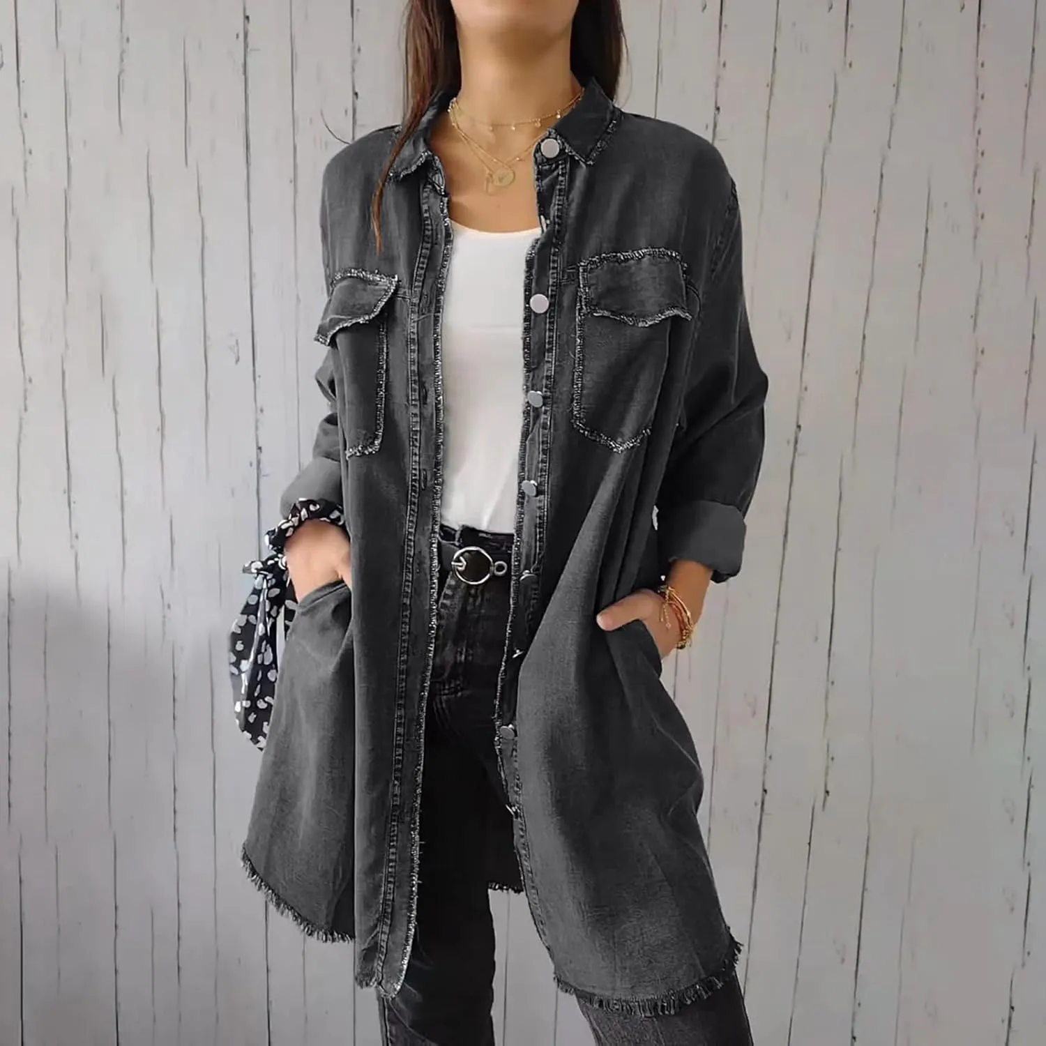 Womens Classic Long Jean Jacket Plus Size Denim Overcoat Button down Long Sleeve Boyfriend Trench Coat Vintage Washed