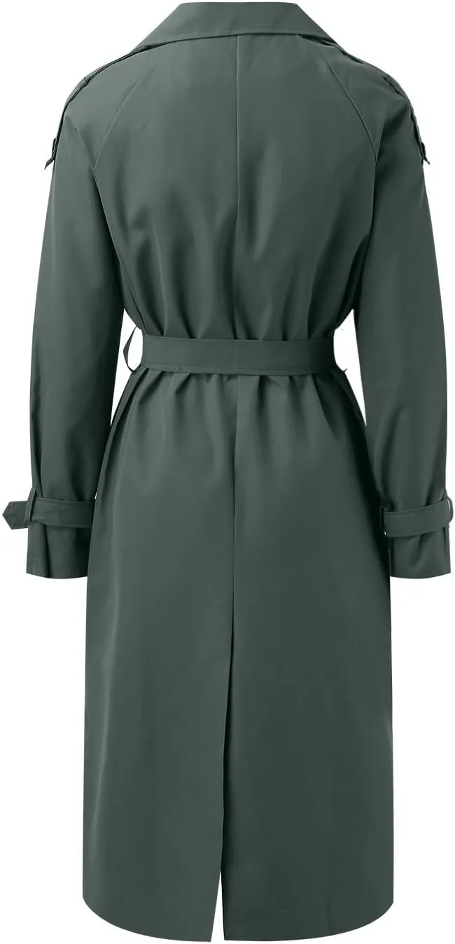 Women's Double Breasted Trench Coat Classic Mid-Length Belted Overcoat Trendy Fall Winter Dress Jacket with Pockets