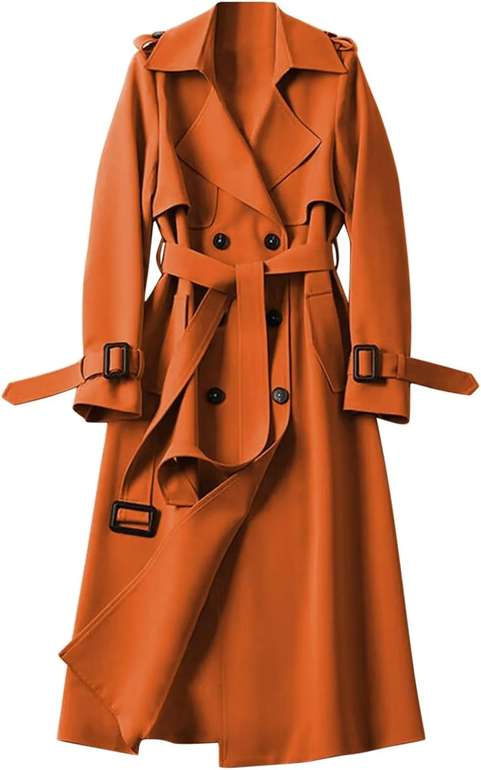 Women's Double Breasted Trench Coat Classic Mid-Length Belted Overcoat Trendy Fall Winter Dress Jacket with Pockets