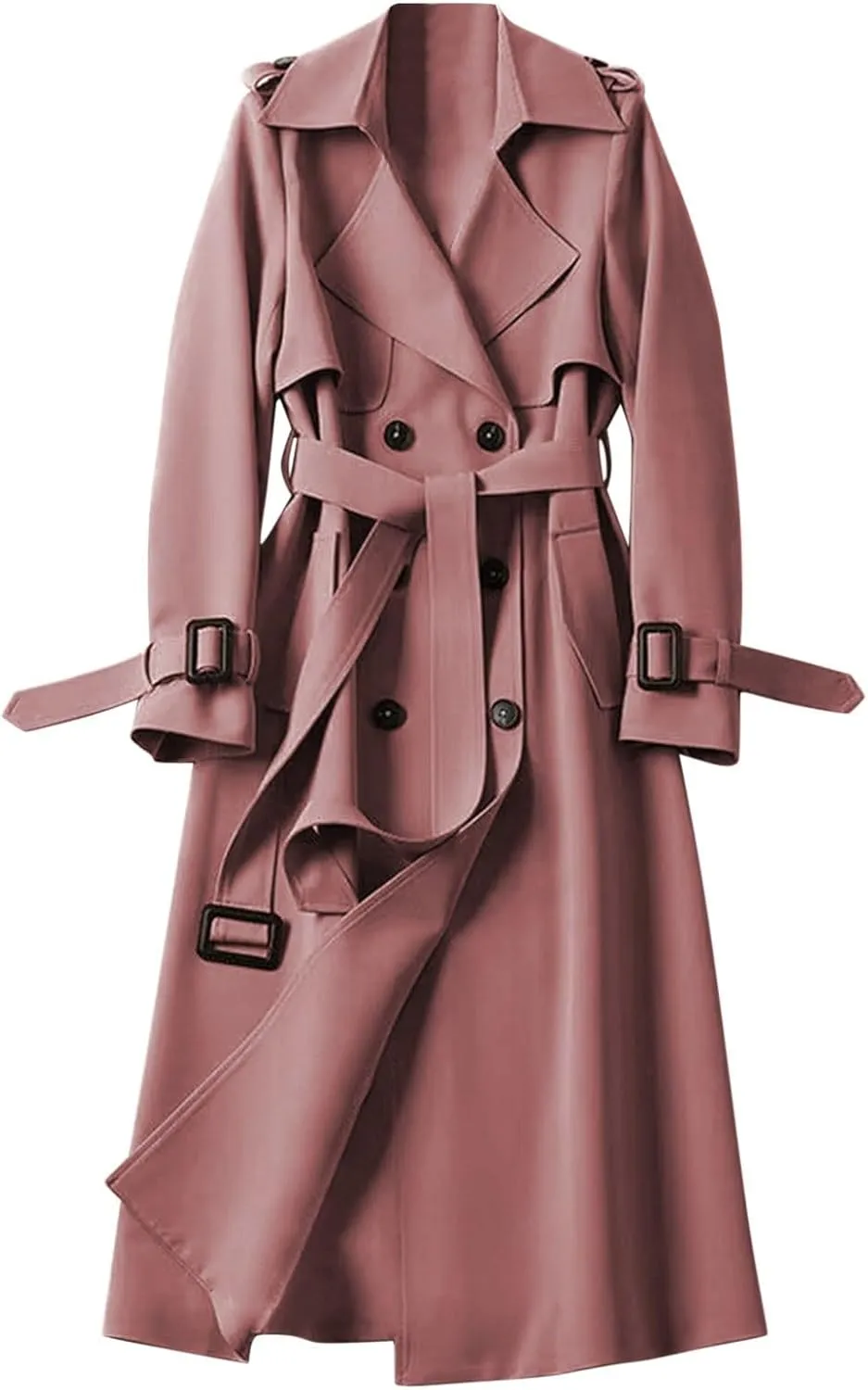 Women's Double Breasted Trench Coat Classic Mid-Length Belted Overcoat Trendy Fall Winter Dress Jacket with Pockets