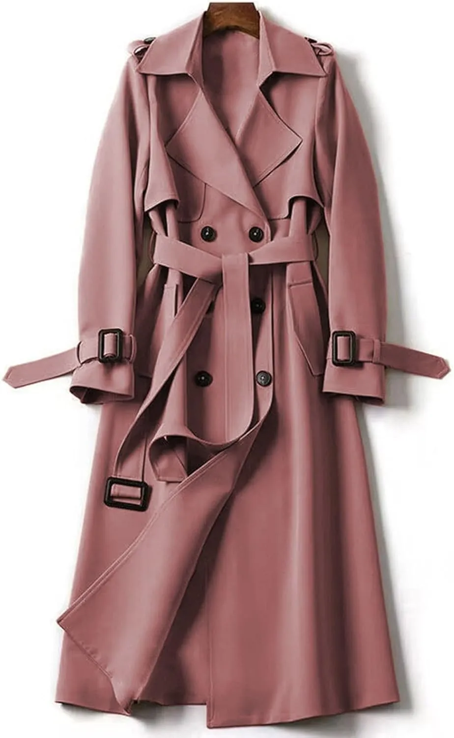 Women's Double Breasted Trench Coat Classic Mid-Length Belted Overcoat Trendy Fall Winter Dress Jacket with Pockets