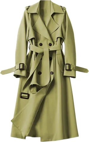 Women's Double Breasted Trench Coat Classic Mid-Length Belted Overcoat Trendy Fall Winter Dress Jacket with Pockets