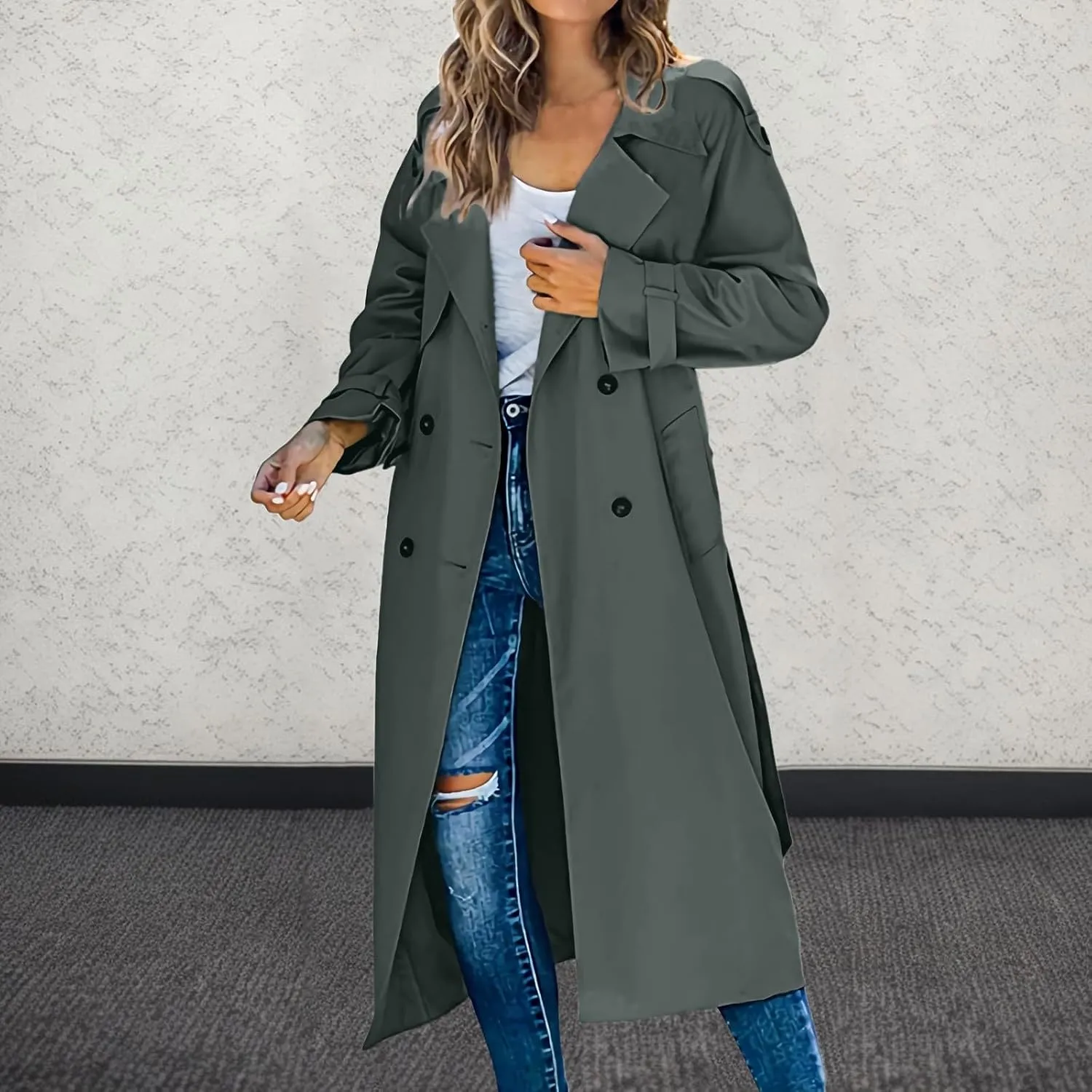 Women's Double Breasted Trench Coat Classic Mid-Length Belted Overcoat Trendy Fall Winter Dress Jacket with Pockets