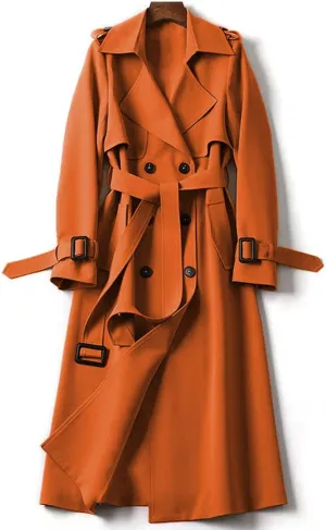 Women's Double Breasted Trench Coat Classic Mid-Length Belted Overcoat Trendy Fall Winter Dress Jacket with Pockets
