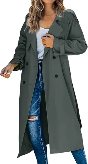 Women's Double Breasted Trench Coat Classic Mid-Length Belted Overcoat Trendy Fall Winter Dress Jacket with Pockets