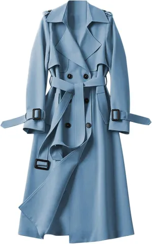 Women's Double Breasted Trench Coat Classic Mid-Length Belted Overcoat Trendy Fall Winter Dress Jacket with Pockets