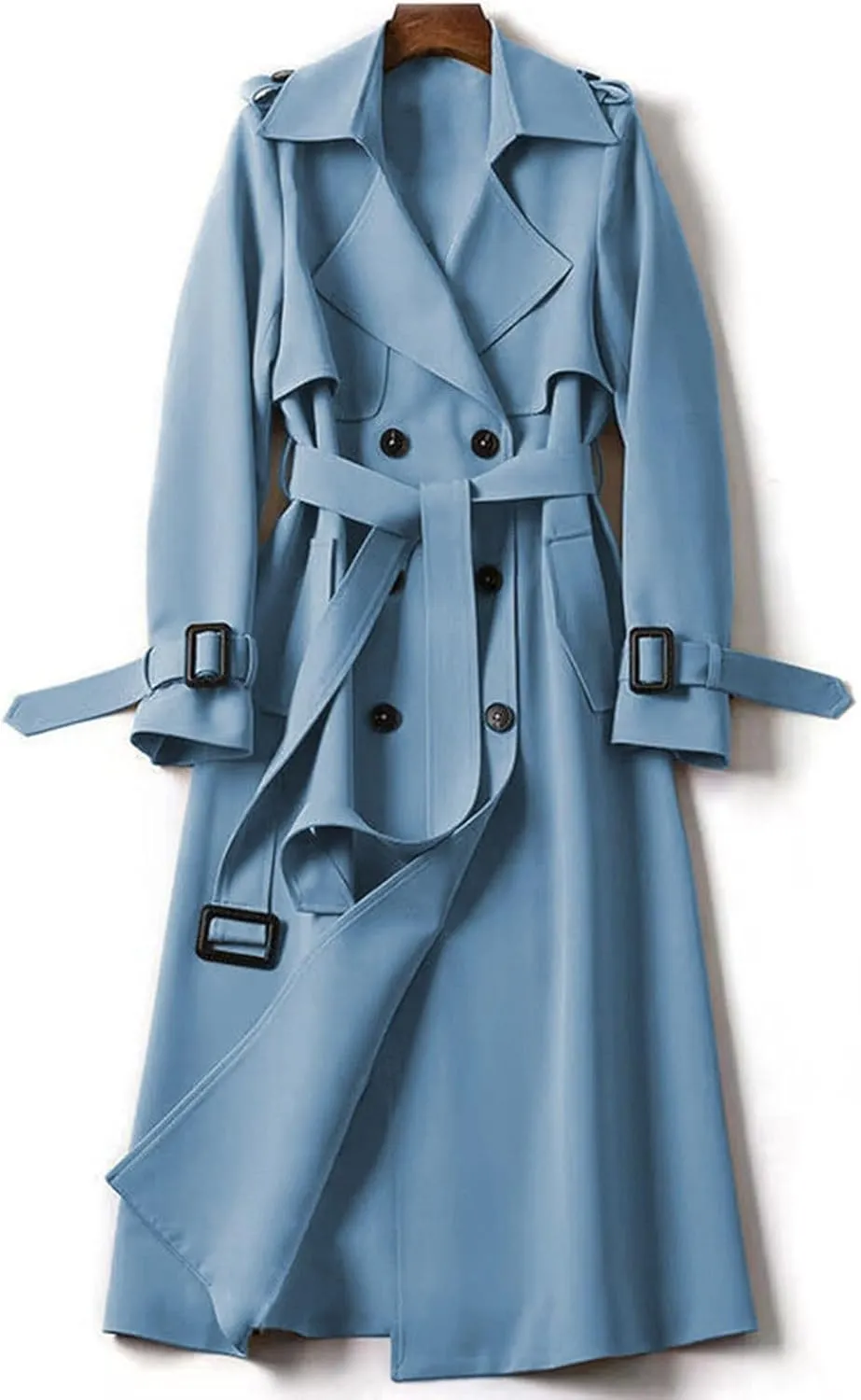 Women's Double Breasted Trench Coat Classic Mid-Length Belted Overcoat Trendy Fall Winter Dress Jacket with Pockets