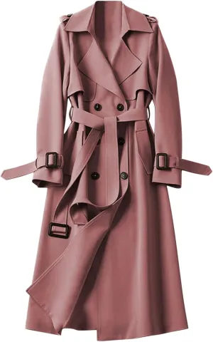Women's Double Breasted Trench Coat Classic Mid-Length Belted Overcoat Trendy Fall Winter Dress Jacket with Pockets