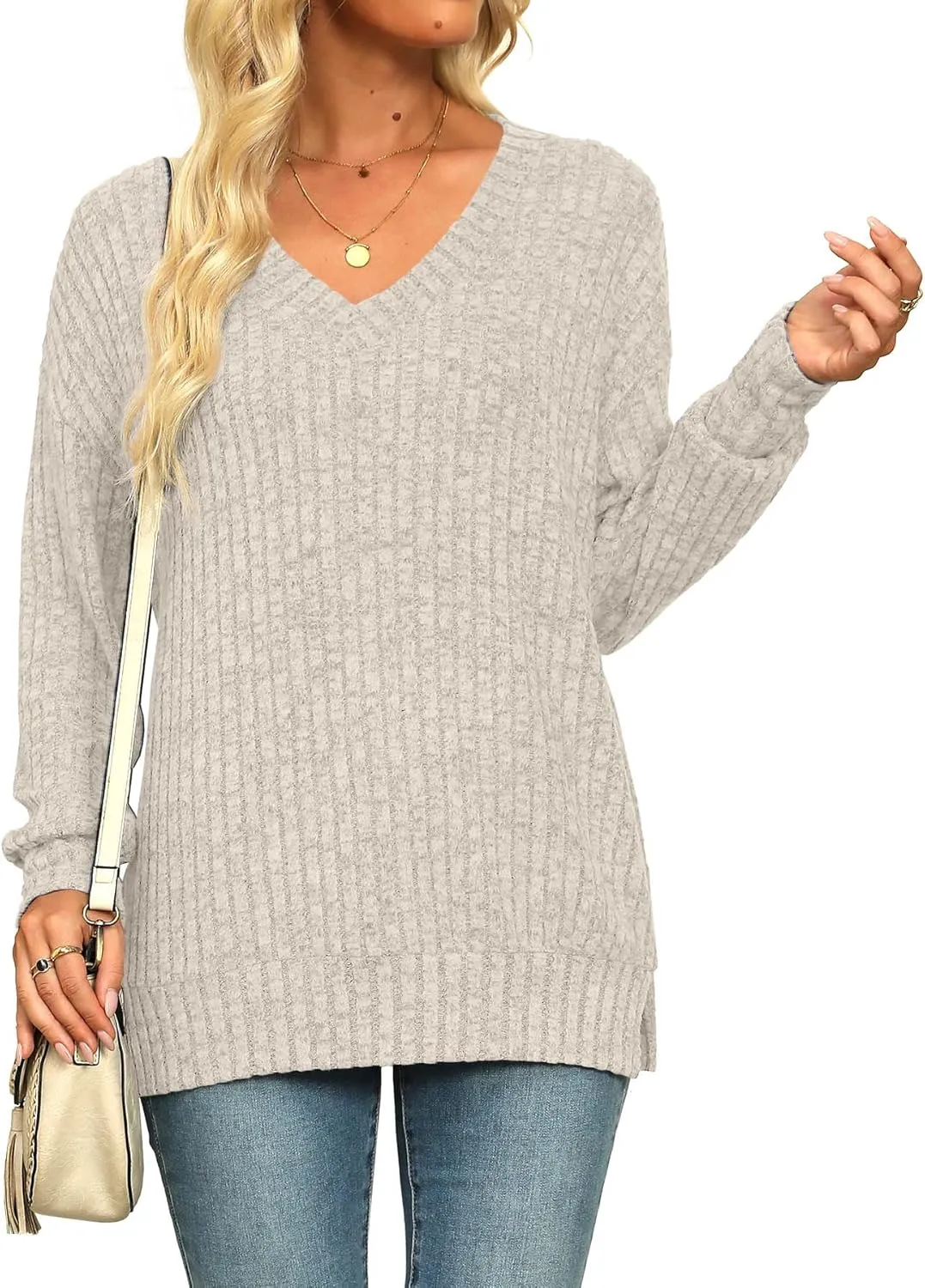 Womens Sweaters V Neck Long Sleeve Shirts Loose Casual Fall Fashion Sweatshirts