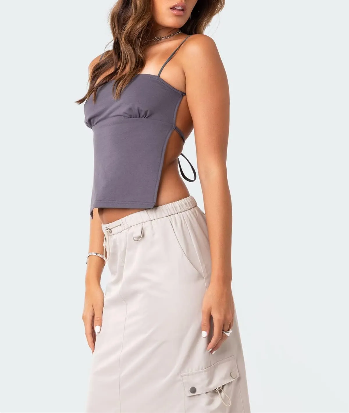 WZTYYDS Women Backless Crop Top Sexy Tie Up Spaghetti Strap Camisole Summer Going Out Tops Cute Mini Lacing Vest
