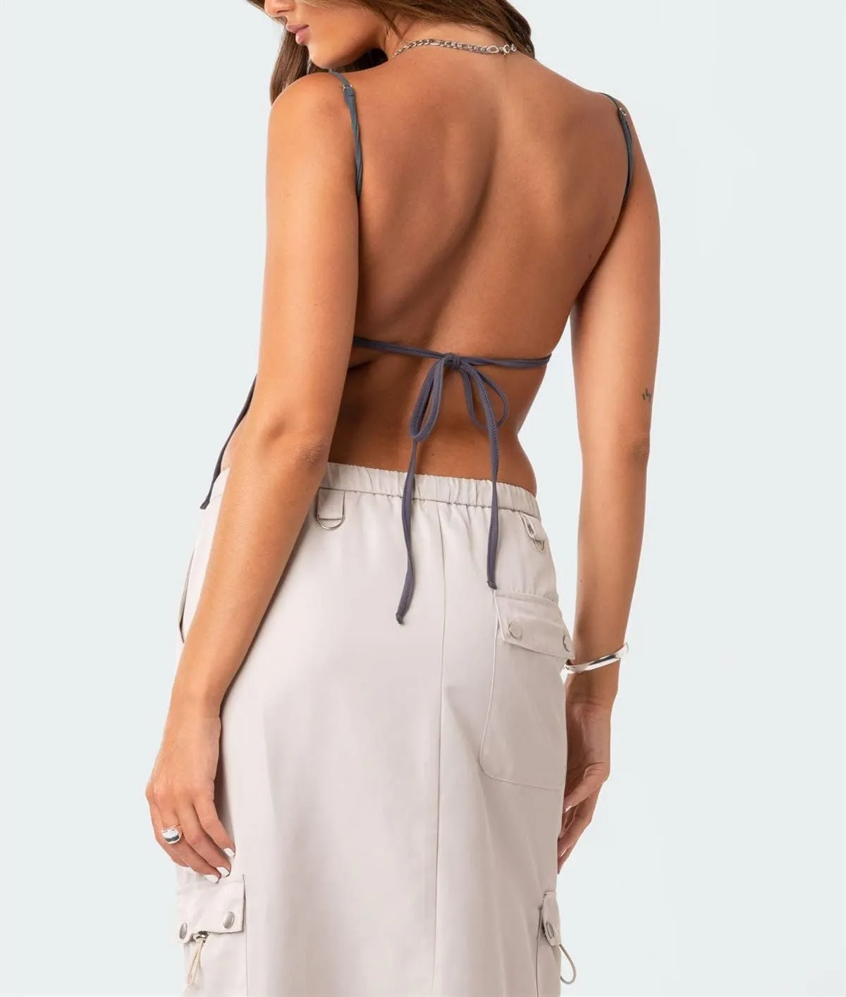WZTYYDS Women Backless Crop Top Sexy Tie Up Spaghetti Strap Camisole Summer Going Out Tops Cute Mini Lacing Vest