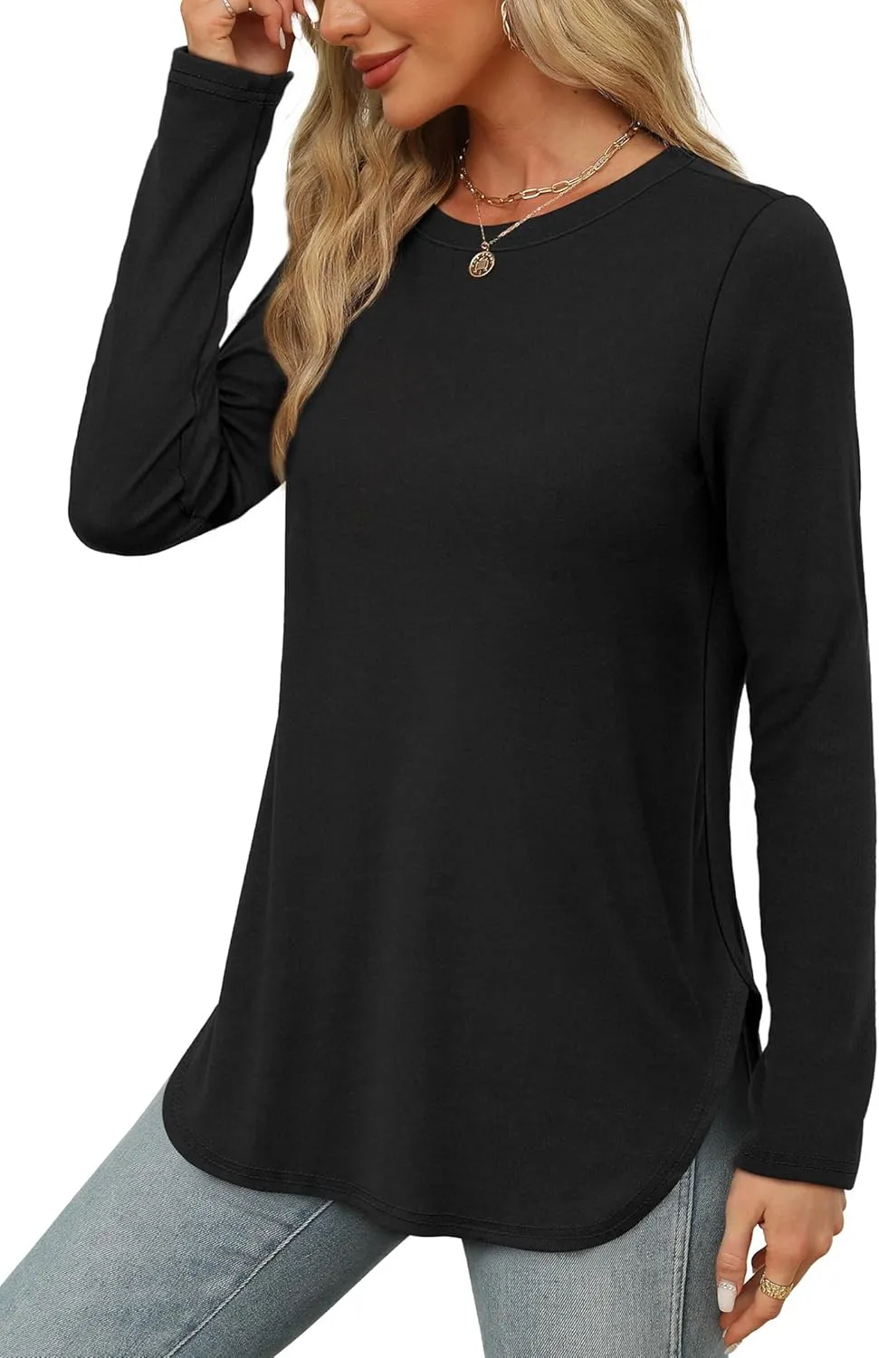 XIEERDUO Womens Long Sleeve Round Neck Shirts Side Split Basic Loose Tunic Tops Casual 2025